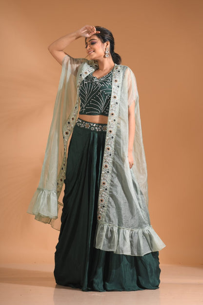 Morchari Co Ord Set With Long Jacket Hand Embroidery - Green