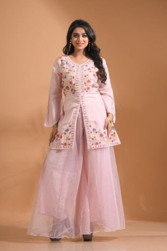 Morchari Co Ord Set With Hand Embroidery - Light Peach
