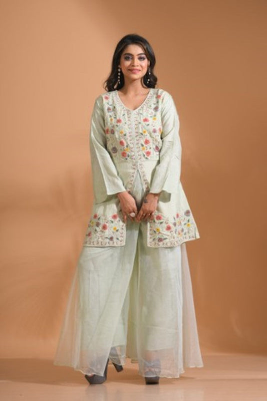 Morchari Co Ord Set With Hand Embroidery - Light Green