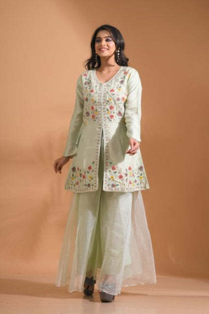 Morchari Co Ord Set With Hand Embroidery - Light Green