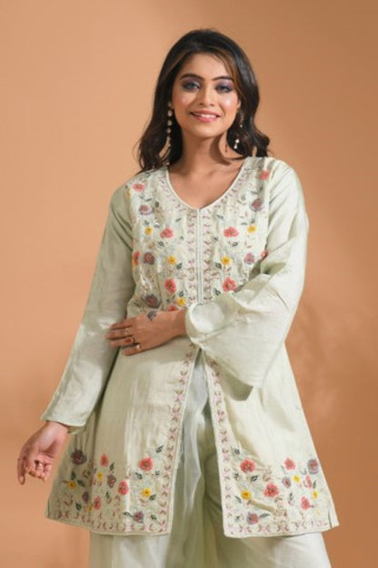Morchari Co Ord Set With Hand Embroidery - Light Green