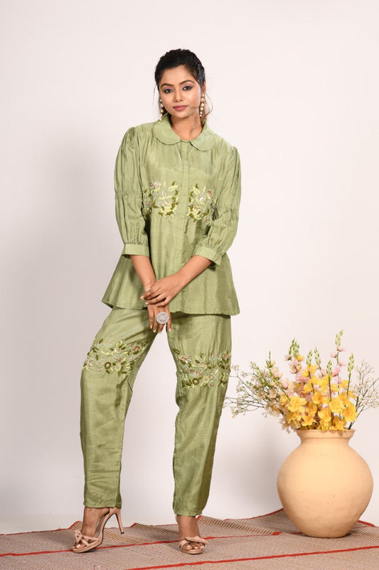 Morchari Co Ord Set With Hand Embroidery - Green