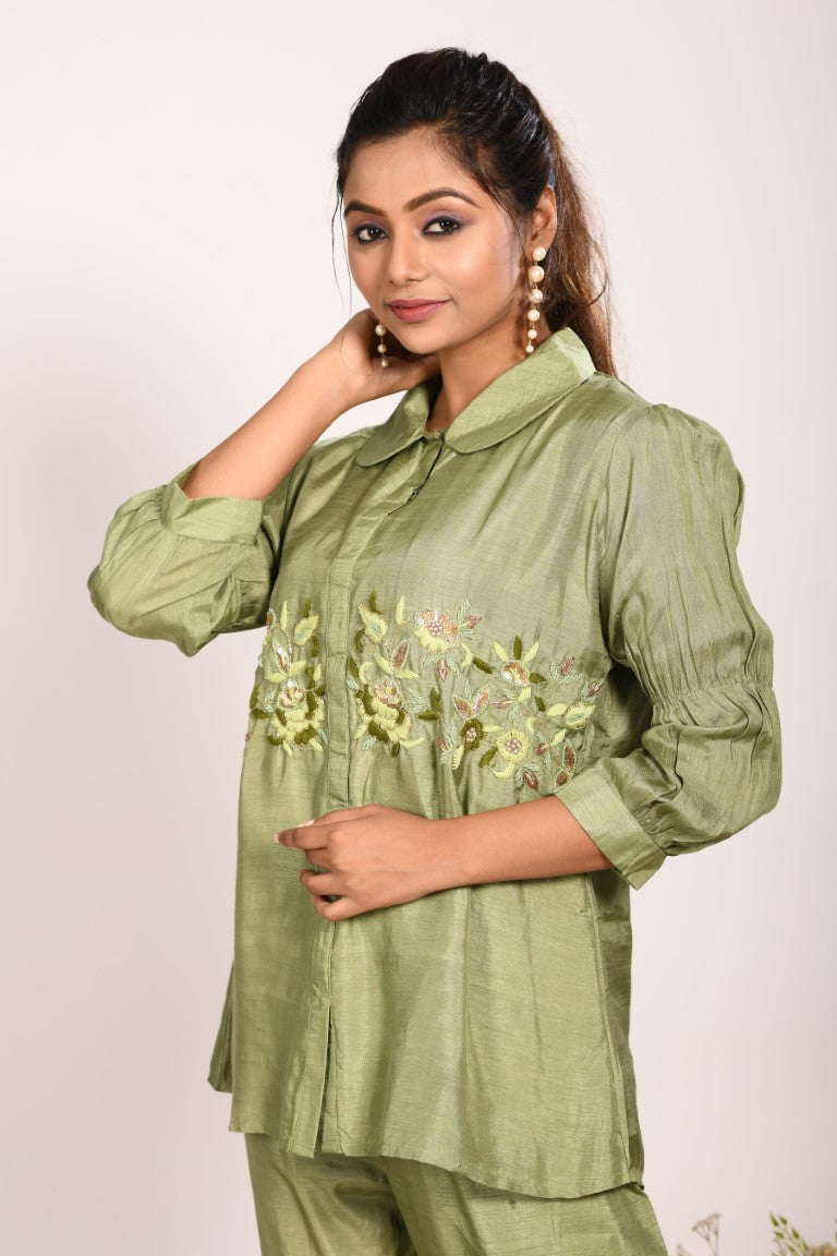 Morchari Co Ord Set With Hand Embroidery - Green