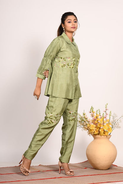 Morchari Co Ord Set With Hand Embroidery - Green