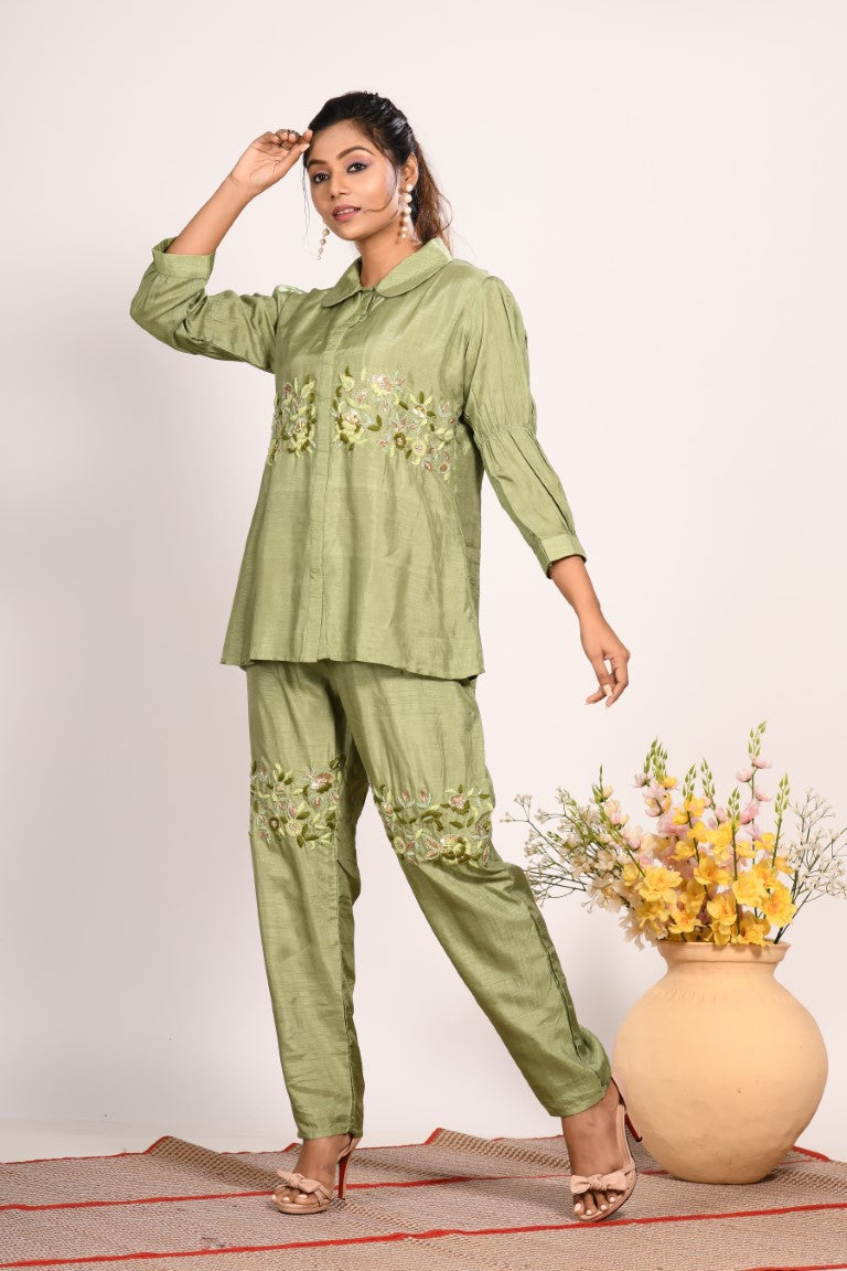 Morchari Co Ord Set With Hand Embroidery - Green