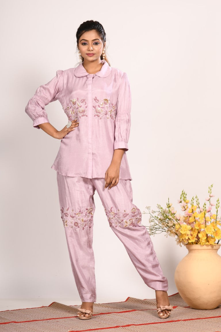 Morchari Co Ord Set With Hand Embroidery - Purple