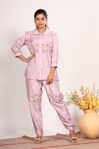 Morchari Co Ord Set With Hand Embroidery - Purple