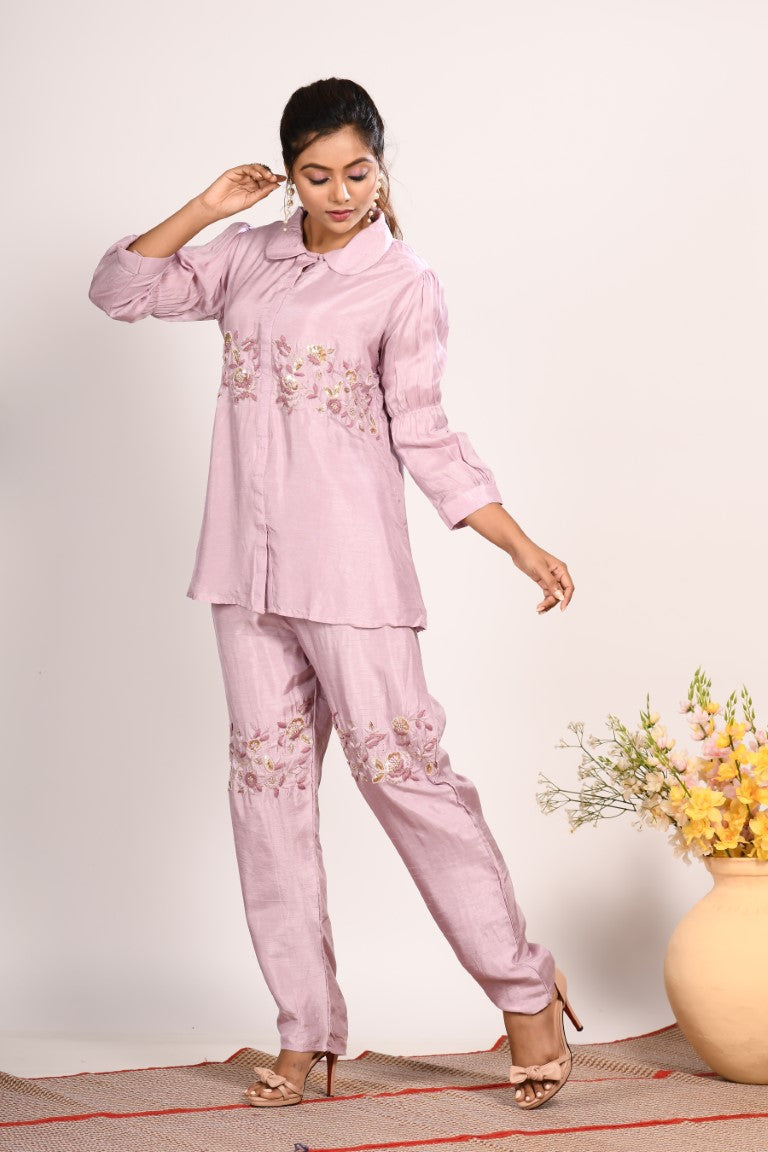 Morchari Co Ord Set With Hand Embroidery - Purple
