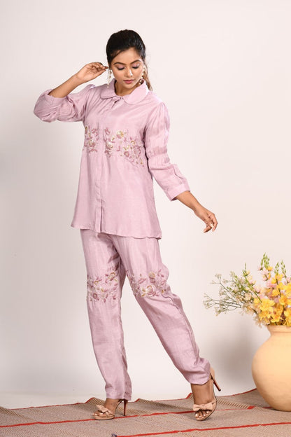 Morchari Co Ord Set With Hand Embroidery - Purple