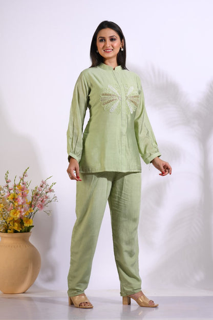 Morchari Co Ord Set With Hand Embroidery - Green