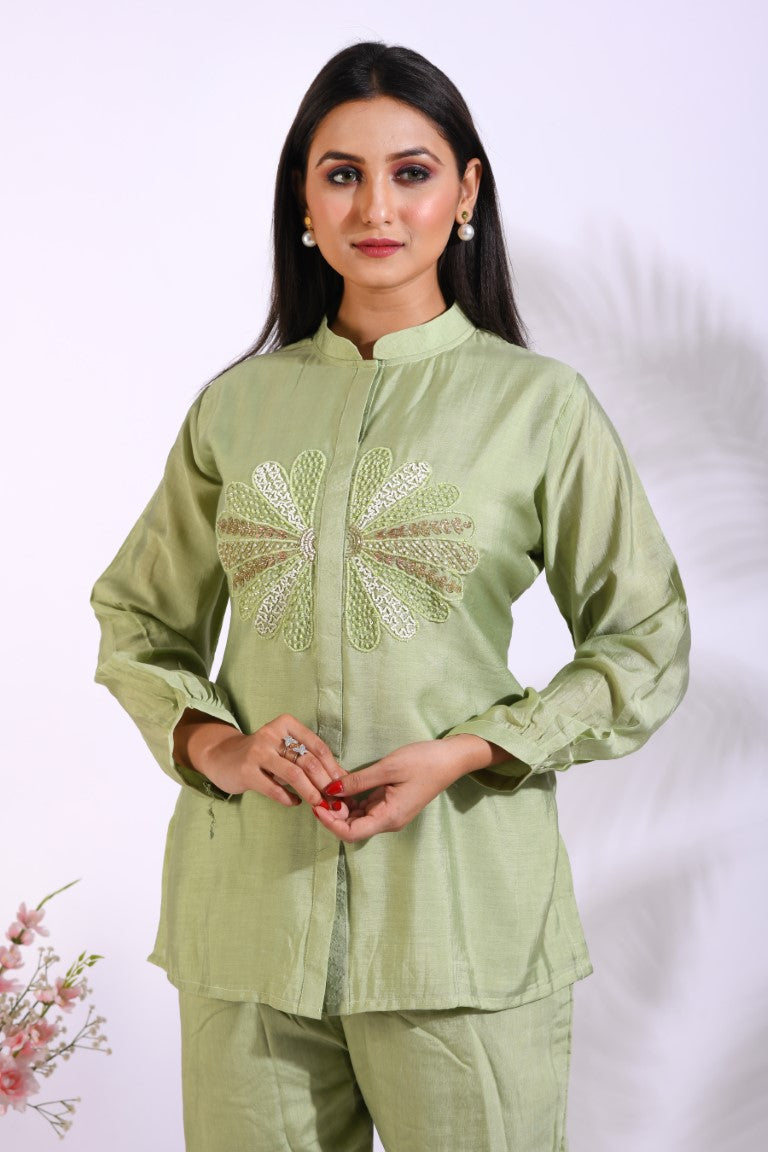 Morchari Co Ord Set With Hand Embroidery - Green