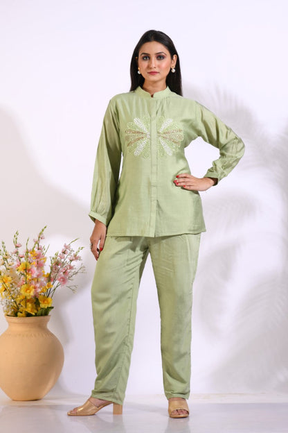 Morchari Co Ord Set With Hand Embroidery - Green