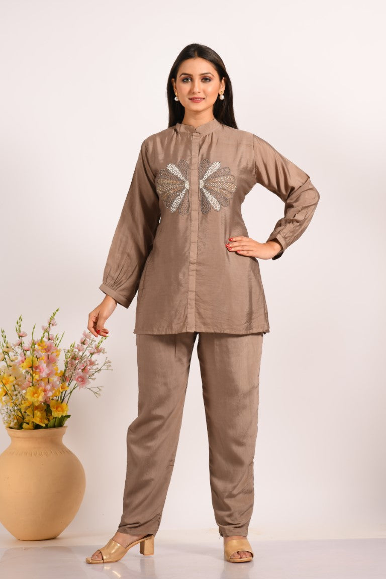 Morchari Co Ord Set With Hand Embroidery - Brown