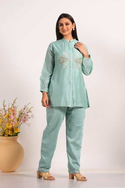 Morchari Co Ord Set With Hand Embroidery - Sky Blue