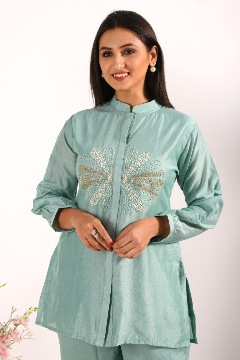 Morchari Co Ord Set With Hand Embroidery - Sky Blue