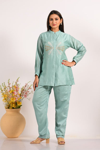 Morchari Co Ord Set With Hand Embroidery - Sky Blue