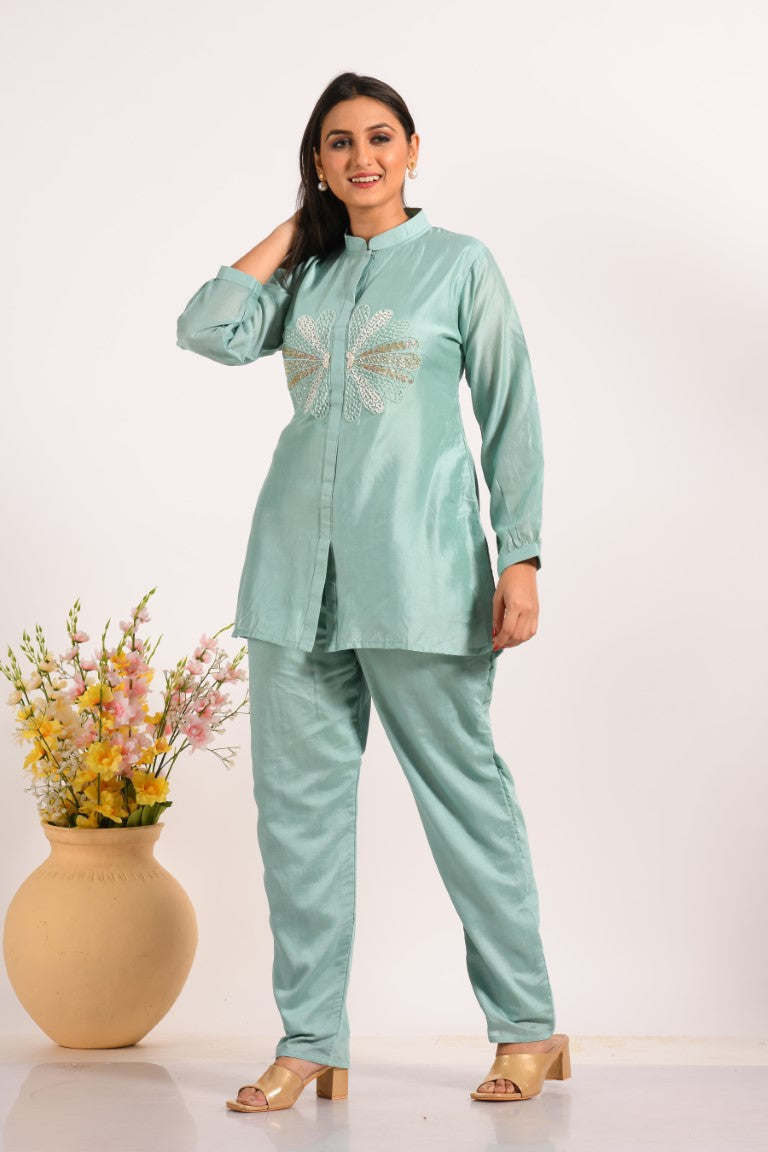 Morchari Co Ord Set With Hand Embroidery - Sky Blue
