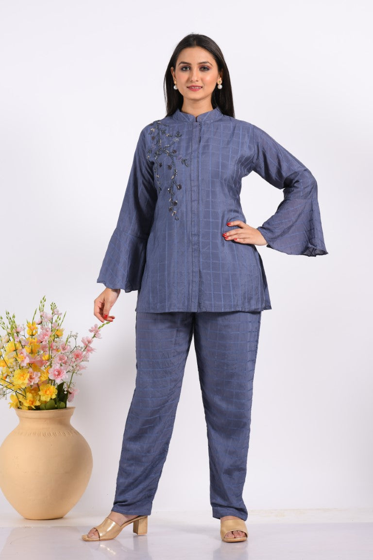 Morchari Co Ord Set With Hand Embroidery - Blue