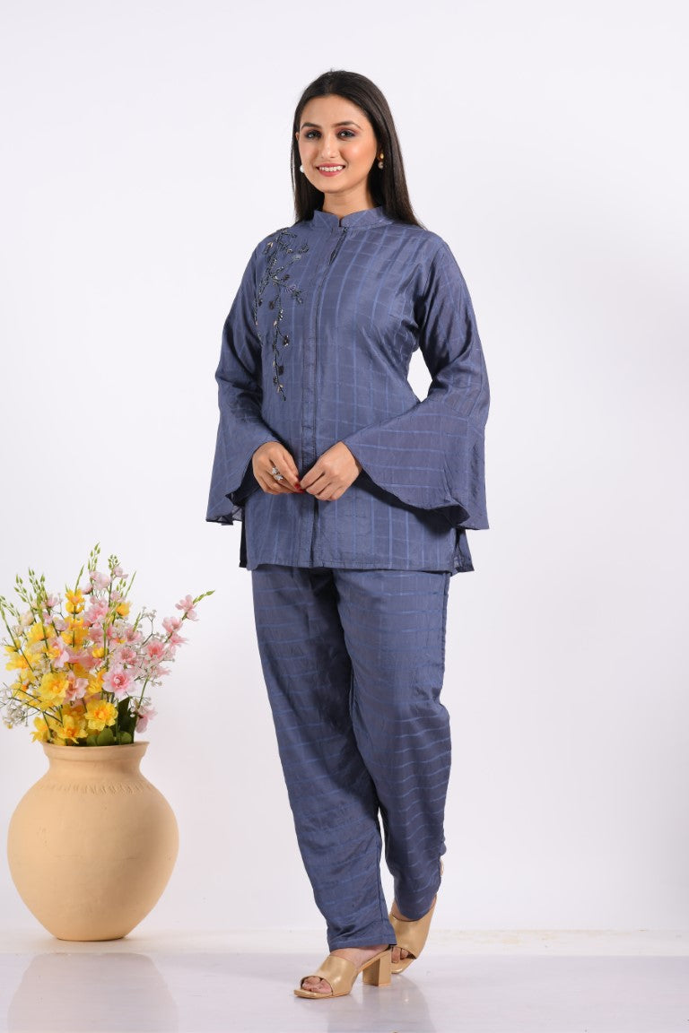 Morchari Co Ord Set With Hand Embroidery - Blue