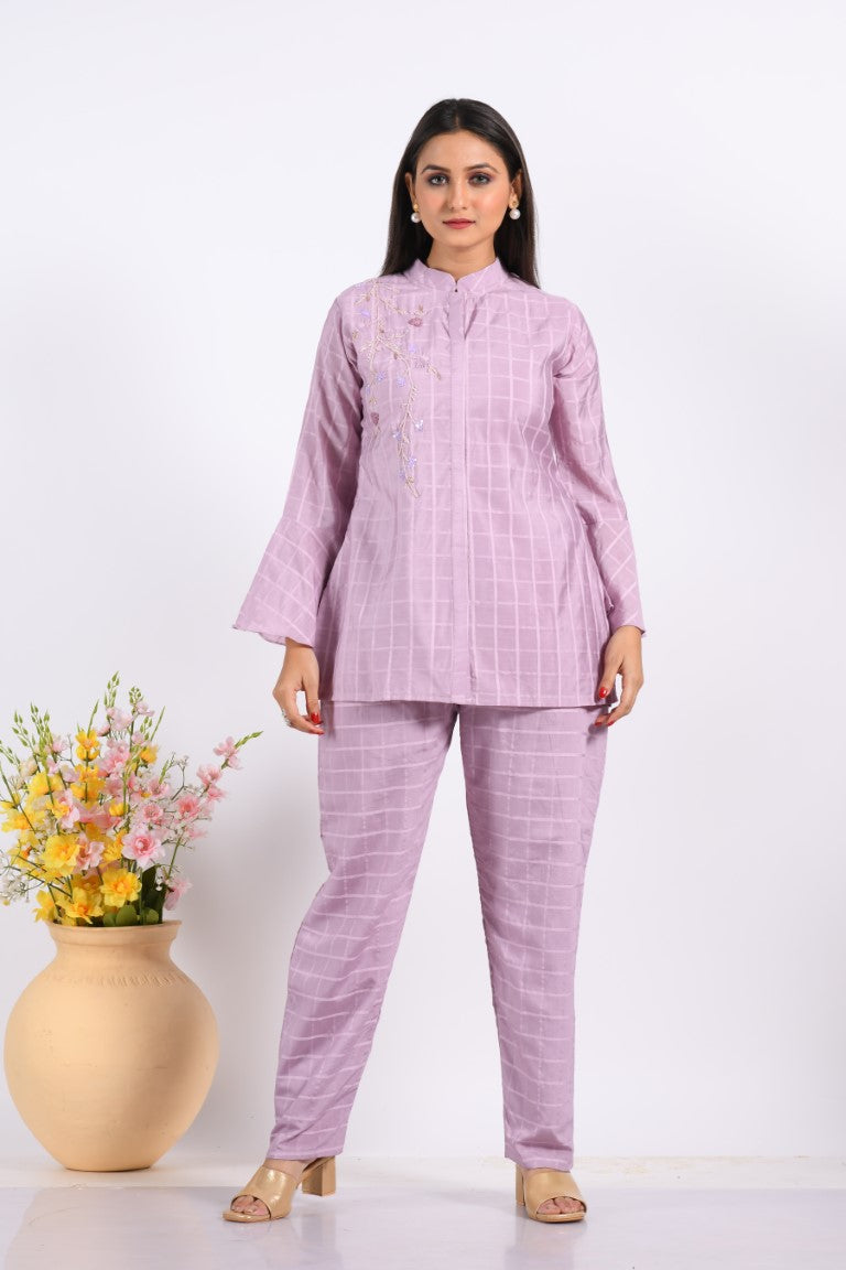 Morchari Co Ord Set With Hand Embroidery - Light Purple