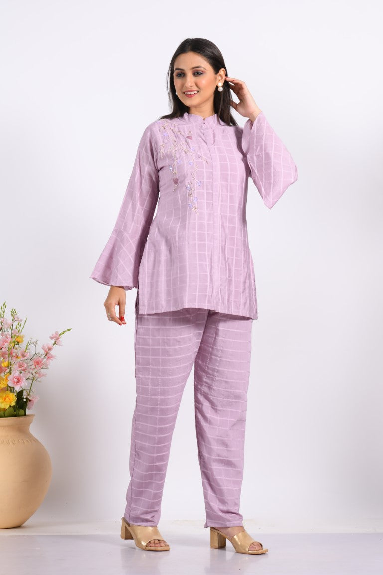 Morchari Co Ord Set With Hand Embroidery - Light Purple