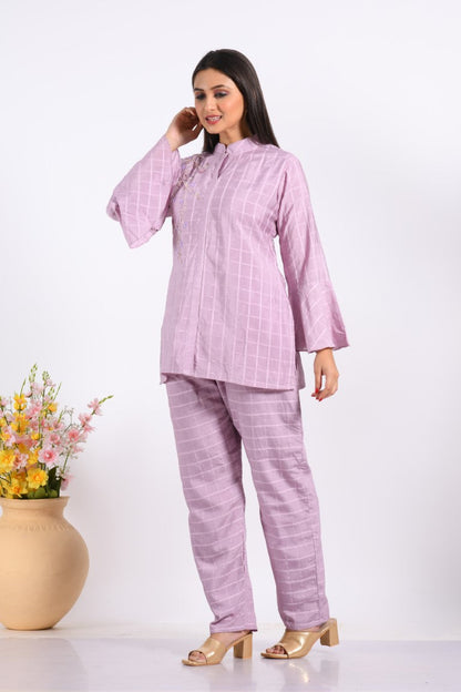 Morchari Co Ord Set With Hand Embroidery - Light Purple