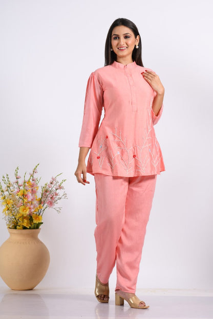 Morchari Co Ord Set With Hand Embroidery - Peach
