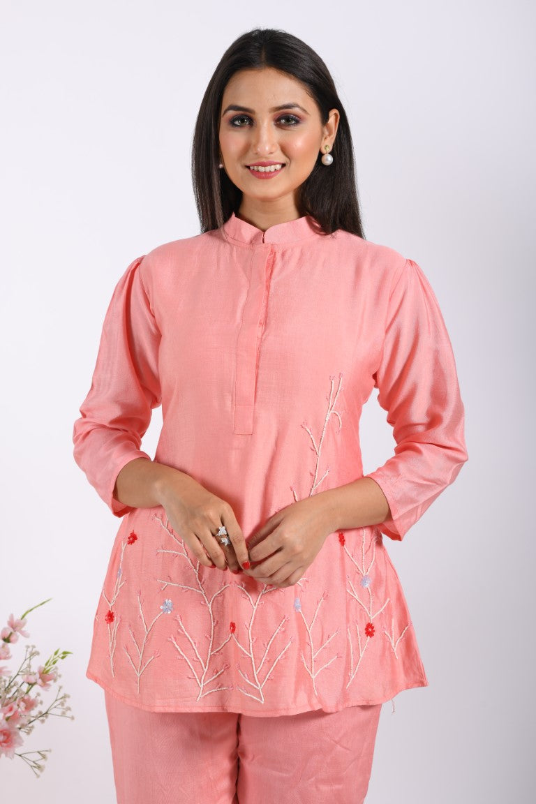 Morchari Co Ord Set With Hand Embroidery - Peach