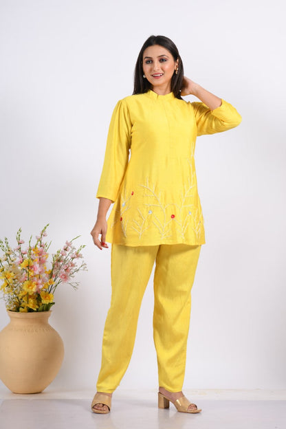 Morchari Co Ord Set With Hand Embroidery - Yellow