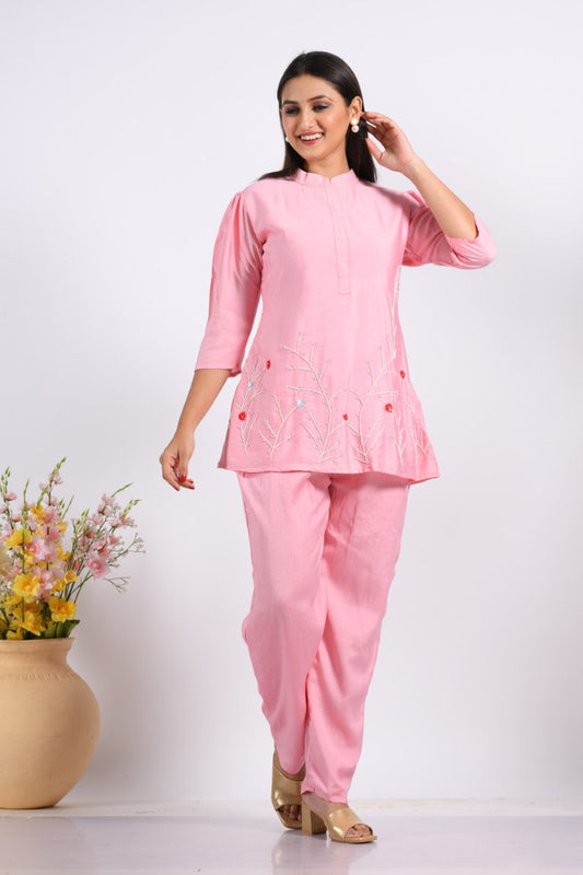 Morchari Co Ord Set With Hand Embroidery - Pink