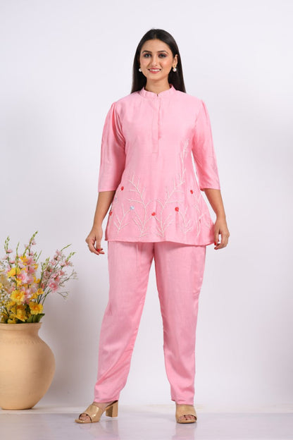 Morchari Co Ord Set With Hand Embroidery - Pink