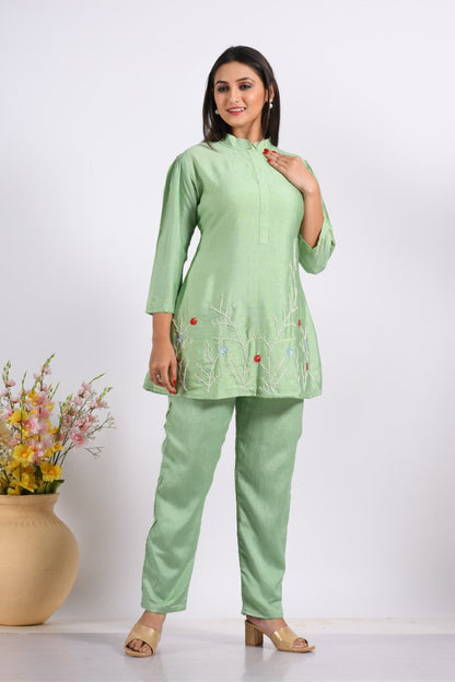 Morchari Co Ord Set With Hand Embroidery - Green