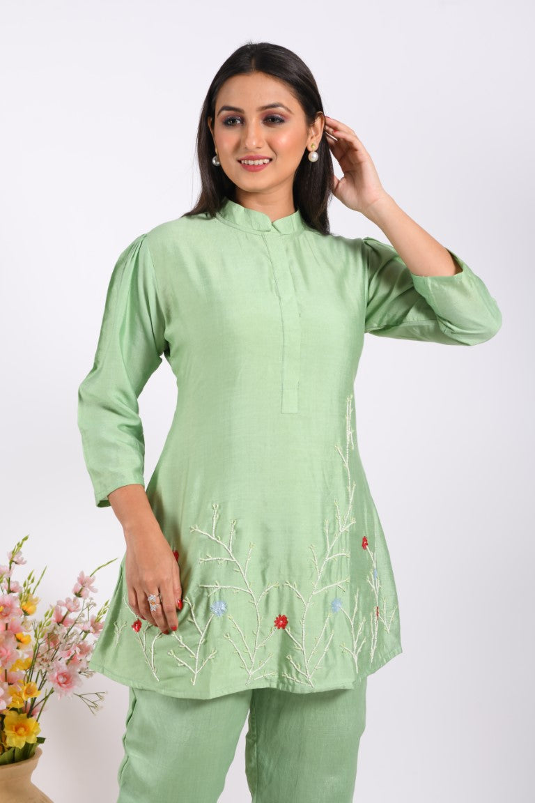 Morchari Co Ord Set With Hand Embroidery - Green