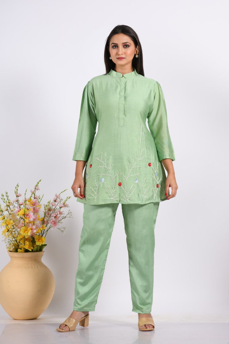 Morchari Co Ord Set With Hand Embroidery - Green