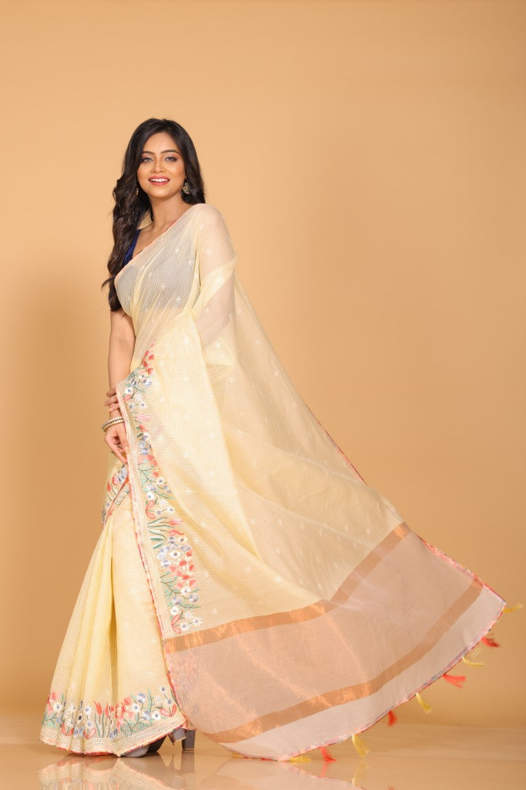 Morchari Cotton Kota Stripe Embroidery Saree - Yellow