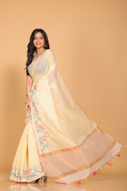Morchari Cotton Kota Stripe Embroidery Saree - Yellow