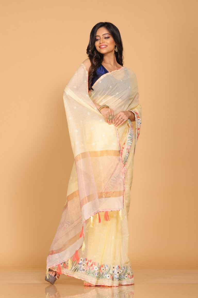 Morchari Cotton Kota Stripe Embroidery Saree - Yellow