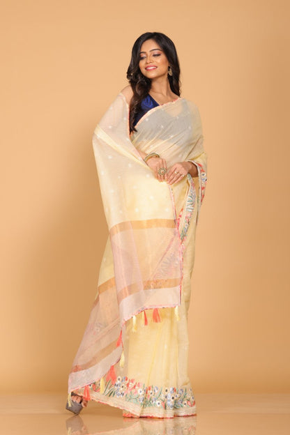Morchari Cotton Kota Stripe Embroidery Saree - Yellow