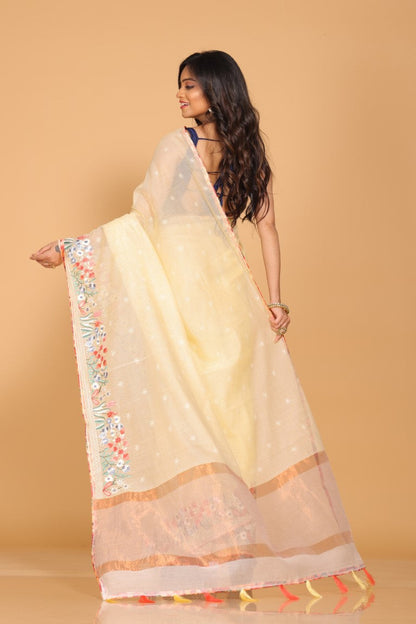 Morchari Cotton Kota Stripe Embroidery Saree - Yellow