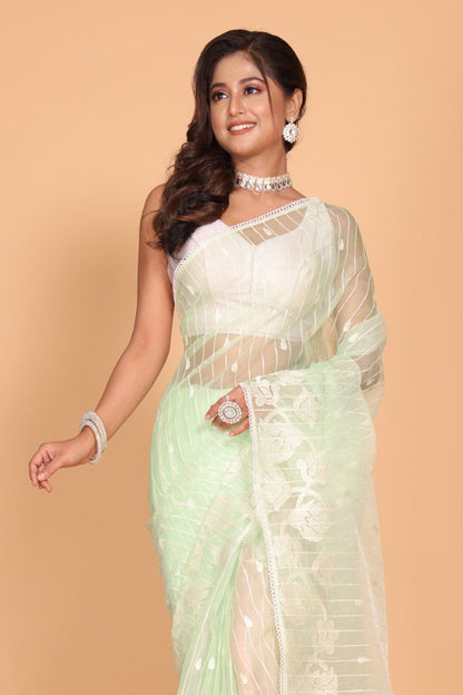 Morchari Orzanga Stripe Embroidery Saree - Green