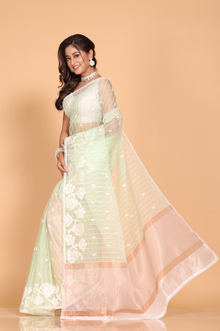 Morchari Orzanga Stripe Embroidery Saree - Green
