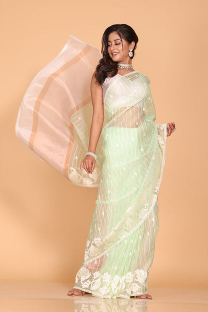 Morchari Orzanga Stripe Embroidery Saree - Green