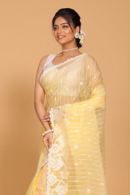 Morchari Orzanga Stripe Embroidery Saree - Yellow