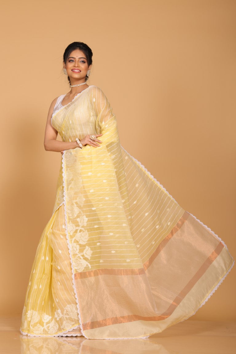 Morchari Orzanga Stripe Embroidery Saree - Yellow
