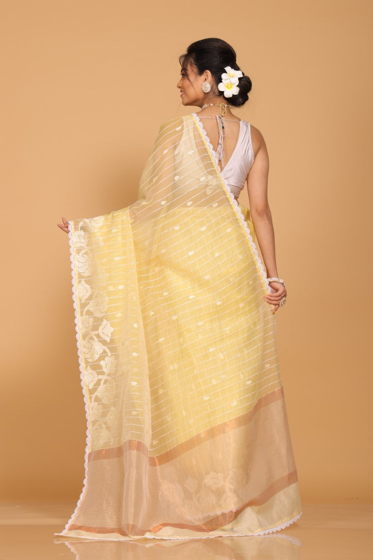 Morchari Orzanga Stripe Embroidery Saree - Yellow