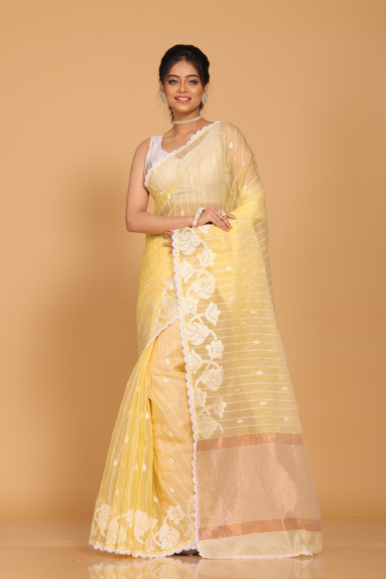 Morchari Orzanga Stripe Embroidery Saree - Yellow