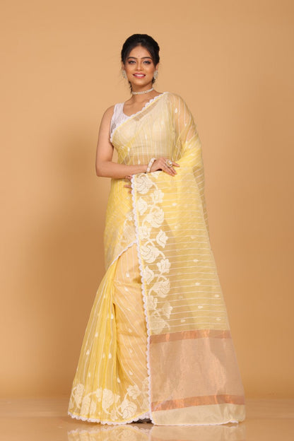Morchari Orzanga Stripe Embroidery Saree - Yellow