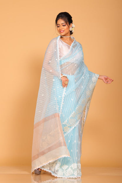 Morchari Orzanga Stripe Embroidery Saree - Green