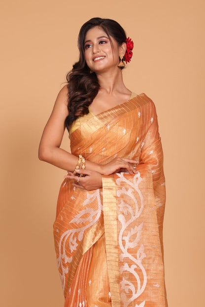 Morchari Kota Zari Stripe Embroidery Saree - Orange