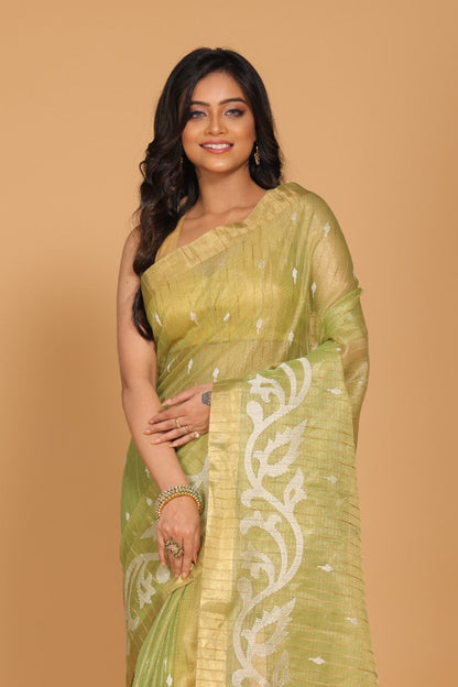 Morchari Kota Zari Stripe Embroidery Saree - Green
